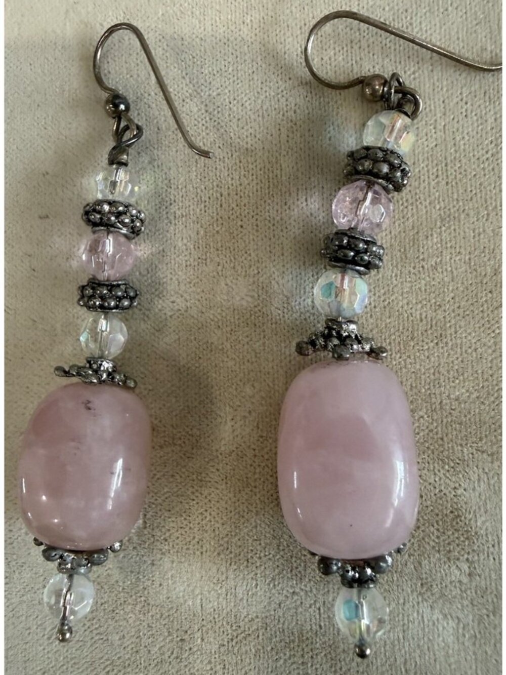 Sterling Silver Rose Quartz Dangle Earrings 2 1/2” Vintage Handmade
